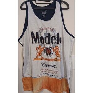 Modelo Especial Beer Tank Top Mens 2XL White Blue Graphic Sleeveless Shirt